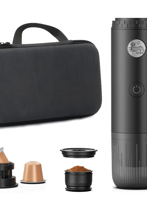 Portable black coffee grinder with interchangeable pods and a protective carrying case.