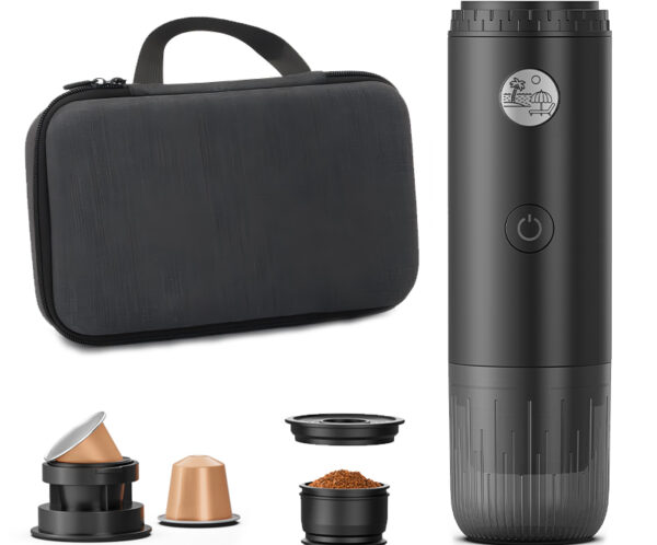 Portable black coffee grinder with interchangeable pods and a protective carrying case.