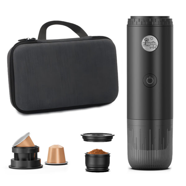 Portable black coffee grinder with interchangeable pods and a protective carrying case.