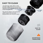 Exploded view of a coffee capsule with water splashes, showing components rinsed for easy cleaning, with warnings in the corner: Do Not Soak The Machine.