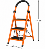 Orange three-step folding ladder with a curved black top handle; overall height 114 cm, base width 47 cm, each step 24 cm deep.