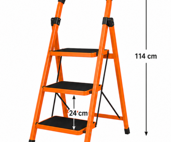 Orange three-step folding ladder with a curved black top handle; overall height 114 cm, base width 47 cm, each step 24 cm deep.