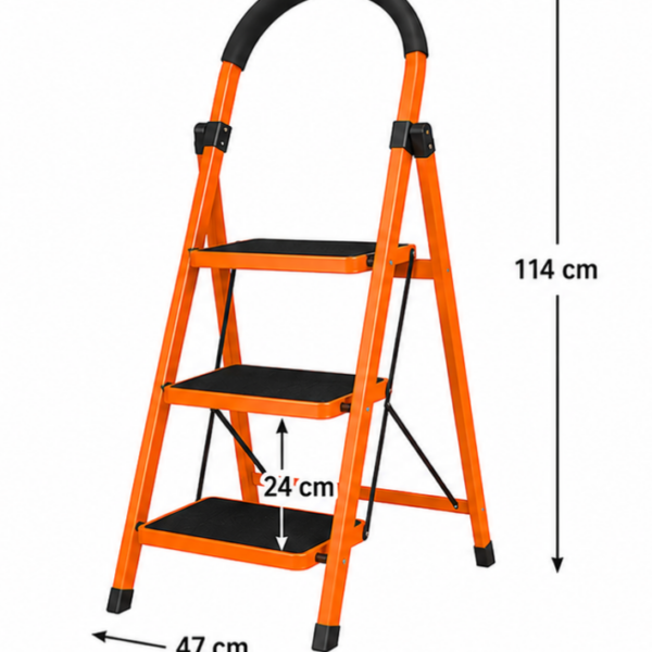 Orange three-step folding ladder with a curved black top handle; overall height 114 cm, base width 47 cm, each step 24 cm deep.