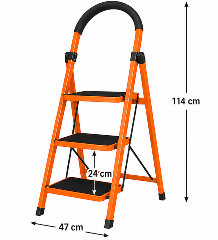 IMG_20260605_111344_264 Orange three-step folding ladder with a curved black top handle; overall height 114 cm, base width 47 cm, each step 24 cm deep.