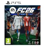 Cover art for EA Sports FC 26 on PS5, showing two soccer players in white and red kits walking toward a stadium crowd, with the PEGI 3 rating in the bottom-left corner and multiple logos at the bottom-right.