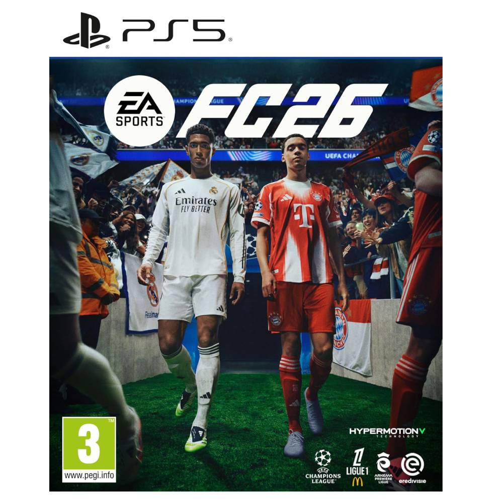 Nouveau projet(1) Cover art for EA Sports FC 26 on PS5, showing two soccer players in white and red kits walking toward a stadium crowd, with the PEGI 3 rating in the bottom-left corner and multiple logos at the bottom-right.