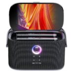 Portable black fabric speaker with a lift-open lid, two wireless earbuds resting inside, and a purple-glow control dial.