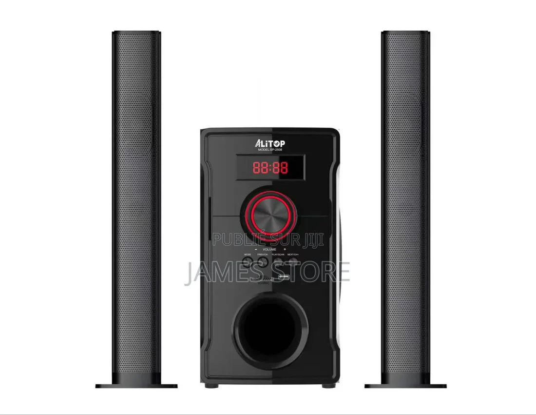 SP-2508-titre-rouge-retire Black home theater speaker system: two tall satellite speakers flanking a central subwoofer with a red-lit control knob and LED display.