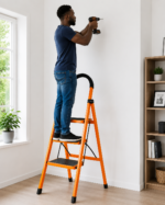 Man standing on an orange step ladder using a cordless drill to drill into a white wall in a bright room.