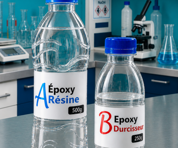 Two clear plastic bottles labeled A Epoxy Résine (500 g) and B Epoxy Durcisseur (250 g) with blue caps on a lab bench, surrounded by glassware in a chemistry lab.