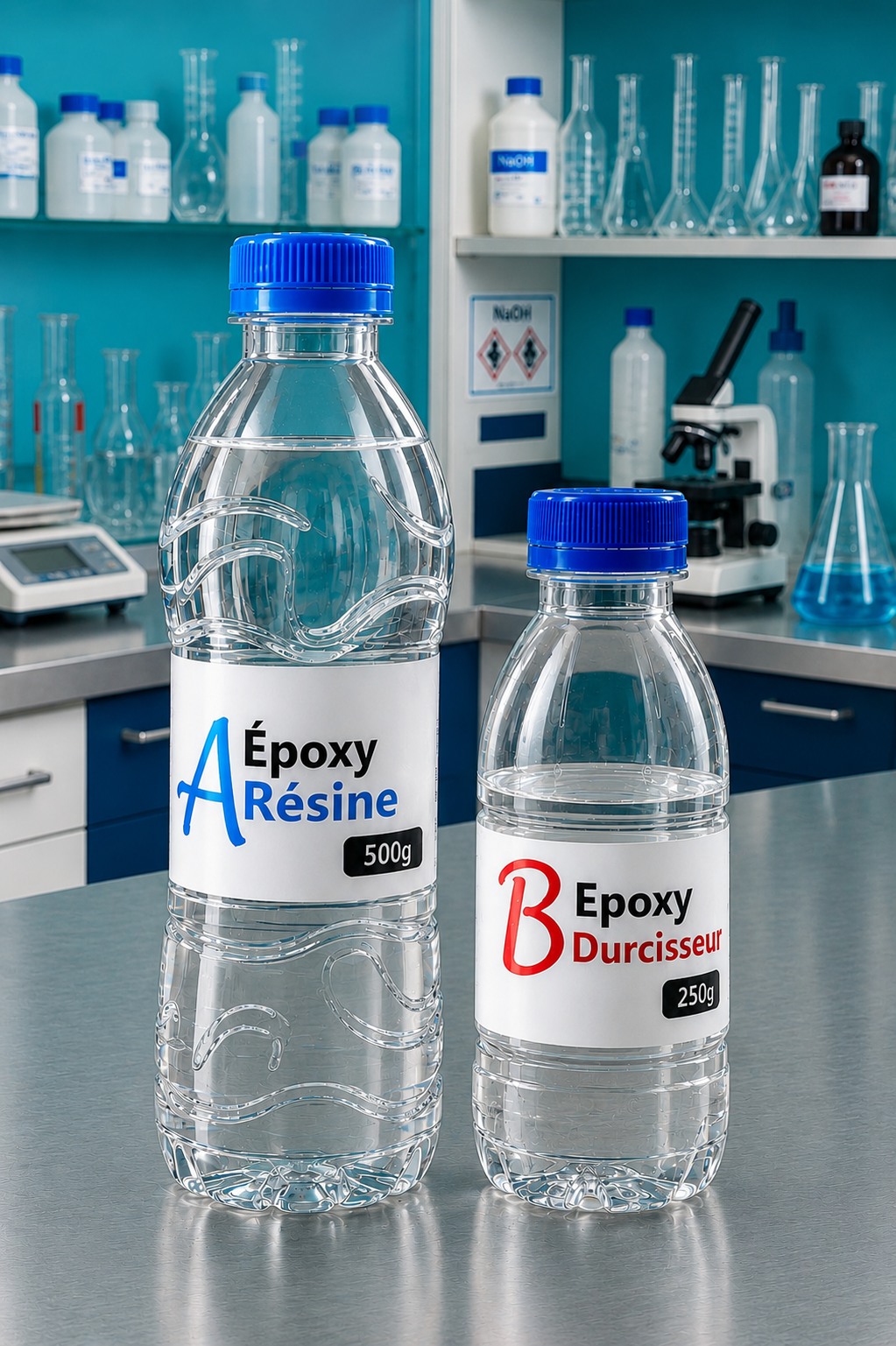 Two clear plastic bottles labeled A Epoxy Résine (500 g) and B Epoxy Durcisseur (250 g) with blue caps on a lab bench, surrounded by glassware in a chemistry lab.