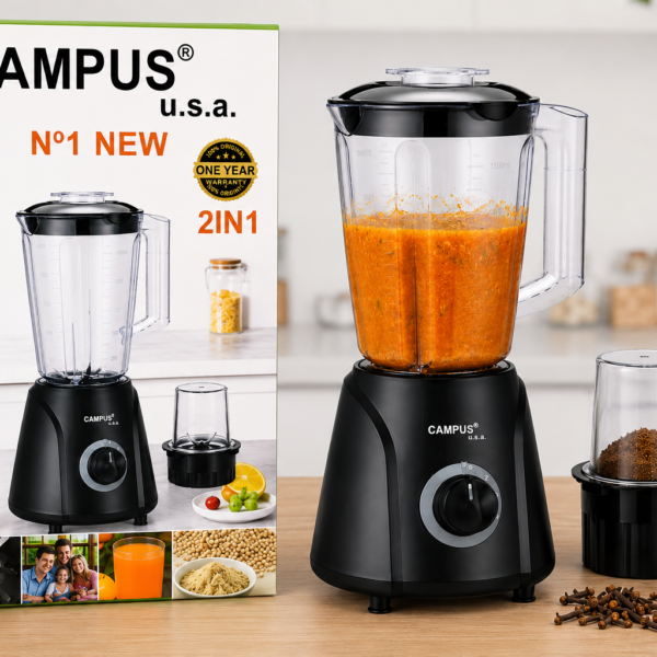 Campus USA 2in1 blender with orange blended juice, shown beside its packaging on a kitchen counter.