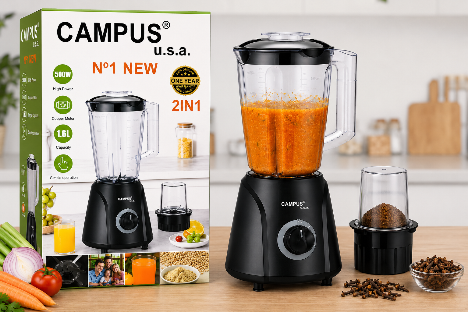 file_000000002cb87246bb2db384485249da Campus USA 2in1 blender with orange blended juice, shown beside its packaging on a kitchen counter.