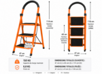Orange step ladder with black steps and a curved top handle; shows dimensions: 47 cm wide, 65 cm step height, 114 cm open height; max load 150 kg; net weight 8.8 kg (French labels in diagram).
