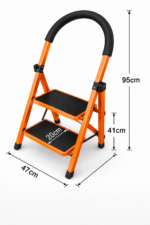 Orange two-step step ladder with black non-slip steps, showing overall height 95 cm and base width 47 cm with two 20 cm deep treads.
