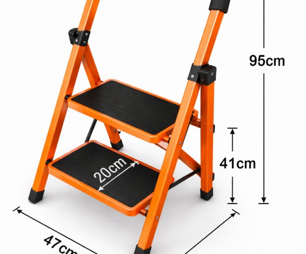 Orange two-step step ladder with black non-slip steps, showing overall height 95 cm and base width 47 cm with two 20 cm deep treads.