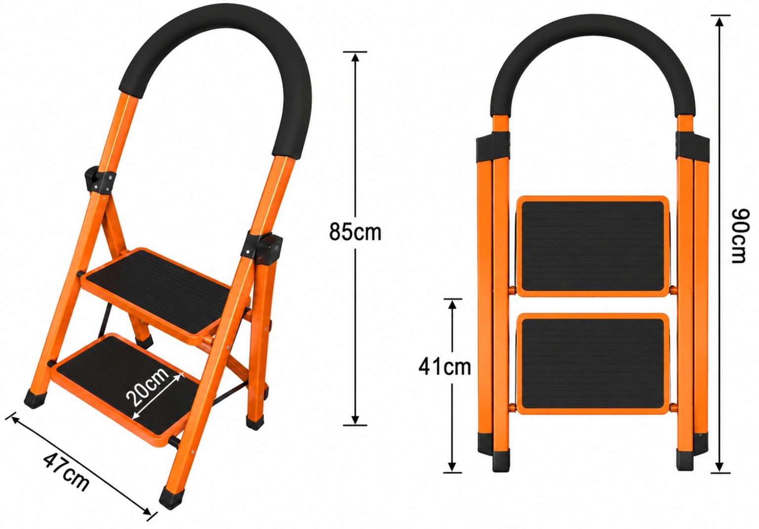 file_0000000090447246bcec8d0c9b060244 Orange and black folding step stool with two steps and a curved handle; dimensions show 90 cm tall and 47 cm base when open/standing off the ground, with 41 cm step height depicted in the side view.