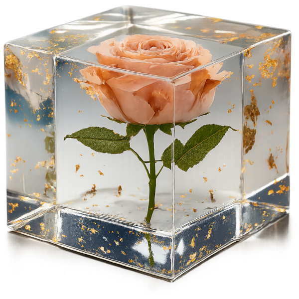 Pink rose encased in a clear glass-like cube with gold leaf flecks inside the sides and base.