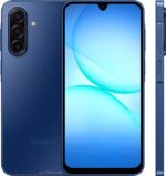 Blue Samsung Galaxy smartphone shown from back and front: triple rear cameras, side buttons, and large edge-to-edge display with notch in the center top view of the device.