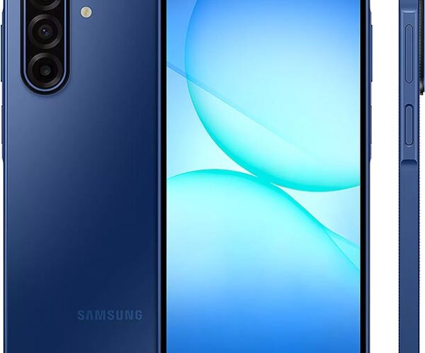 Blue Samsung Galaxy smartphone shown from back and front: triple rear cameras, side buttons, and large edge-to-edge display with notch in the center top view of the device.