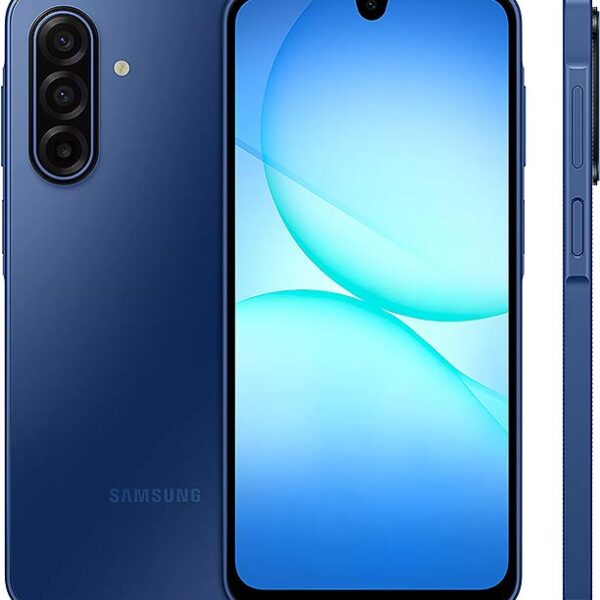 Blue Samsung Galaxy smartphone shown from back and front: triple rear cameras, side buttons, and large edge-to-edge display with notch in the center top view of the device.