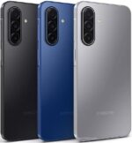 Rear view of three Samsung smartphones in black, blue, and silver, highlighting the vertical triple-camera modules on the back.