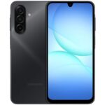 Samsung Galaxy smartphone shown from front and back; black finish, triple rear camera module, blue wallpaper on display