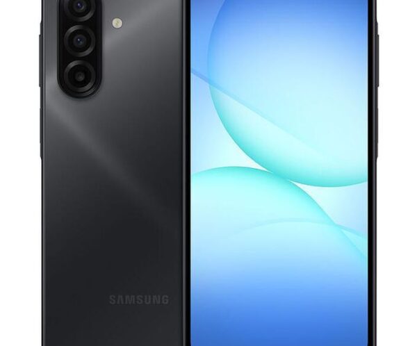 Samsung Galaxy smartphone shown from front and back; black finish, triple rear camera module, blue wallpaper on display